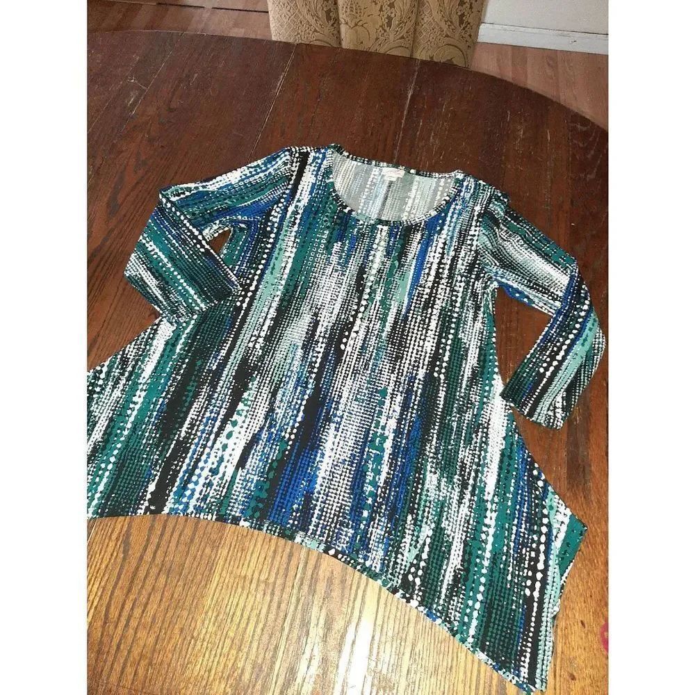 Small Jaclyn Smith Blue Black Teal White Long Sleeve Loose Tunic Top Shirt Blous